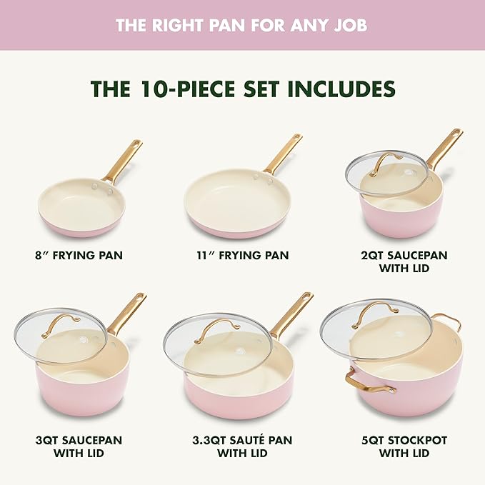 GreenPan Hard Anodized Healthy Ceramic Nonstick 10 Piece Cookware Pots and Pans Set Gold Handle PFAS-Free Dishwasher Safe Oven Safe Blush Pink