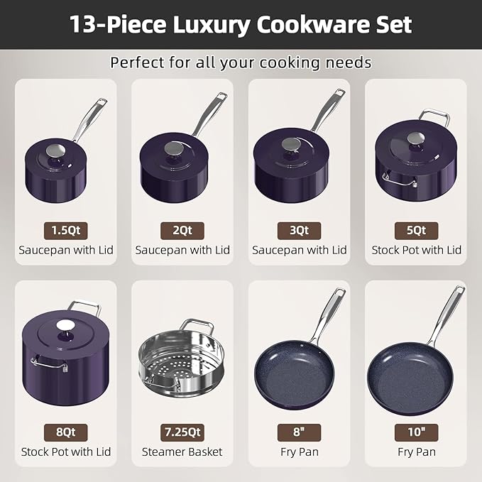 Nuwave Lux 13pc Forged Lightweight Cookware Set PFAS Free Healthy G10 Duralon Ceramic Coating Ultra Non-Stick Stay-Cool Handles Works on All Cooktops &amp Induction Ready