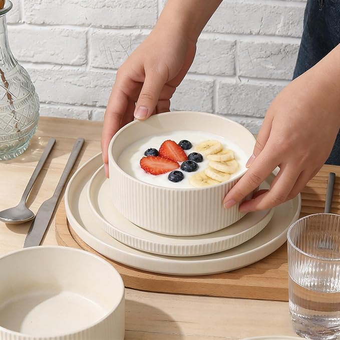 MONITO Ceramic Dinnerware Sets for 4 12PCS Stoneware Plates and Bowls Sets Reactive Glaze Dish Set Chip and Scratch Resistant Double Microwave and Dishwasher Safe Matte White