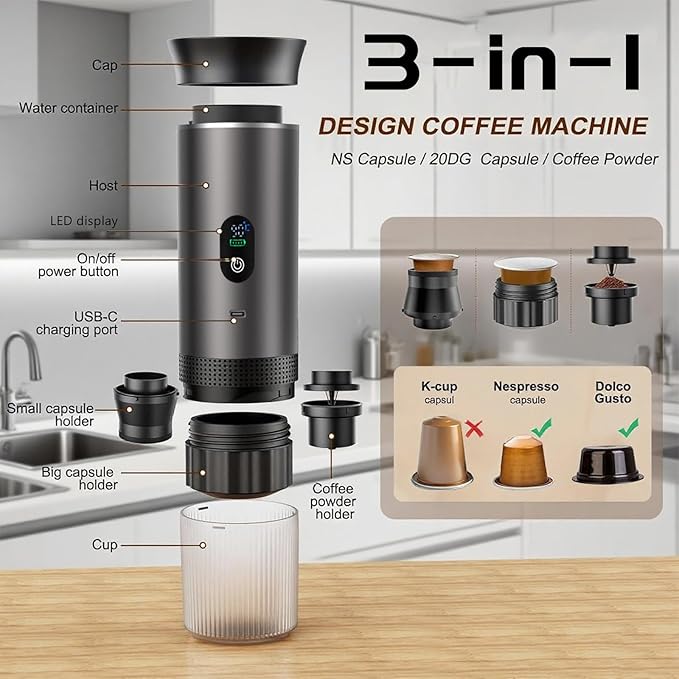 3-in-1 Portable Espresso Machine for Travel &amp Camping- 20 Bar Self-Heating Portable Coffee Maker with USB-C LED Display Car Coffee Maker Compatible with Grounds&ampCapsules(Ns&ampDG) for RV Hi