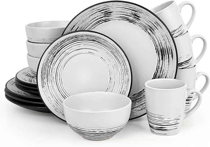 Homlouue 16 Pcs Stoneware Dinnerware Sets for 4 Porcelain Farmhouse Plates Bowls Mugs Set - Minimalist Chip Resistant Dish Set Microwave &amp Dishwasher Safe in White and Black Thread