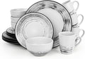 Homlouue 16 Pcs Stoneware Dinnerware Sets for 4 Porcelain Farmhouse Plates Bowls Mugs Set - Minimalist Chip Resistant Dish Set Microwave &amp Dishwasher Safe in White and Black Thread