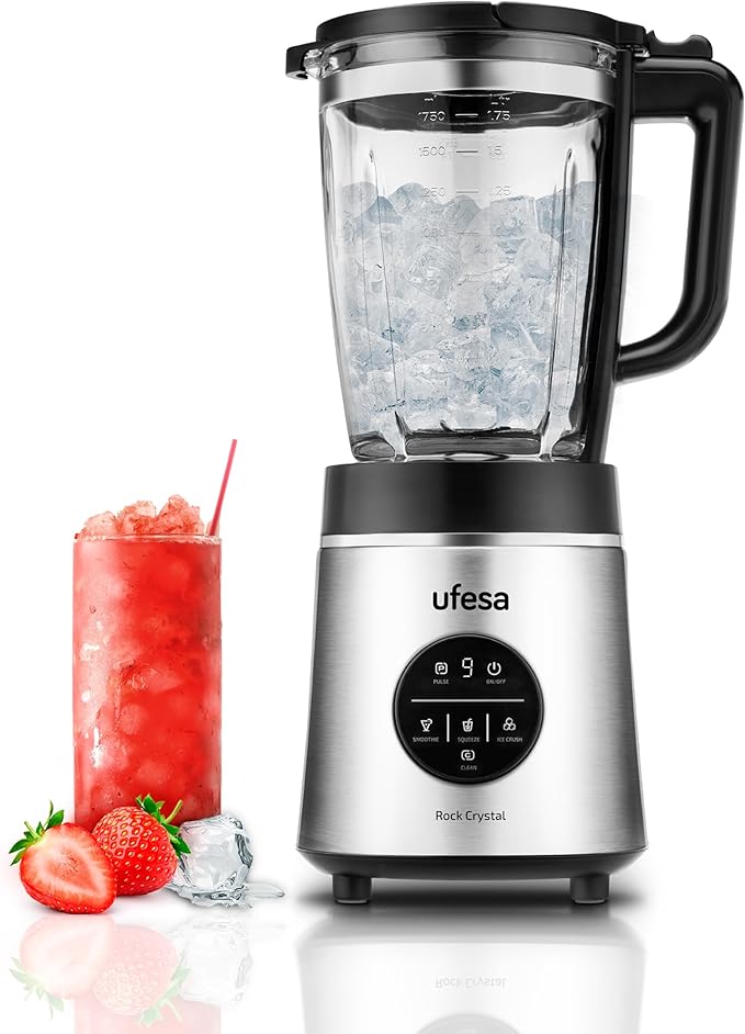 Ufesa Rock Crystal Glass Blender 1800 W Power 1.75 L Glass Jar Electronic Speed Control Ice Chopper 6 Stainless Steel Blades 4 Automatic Programs