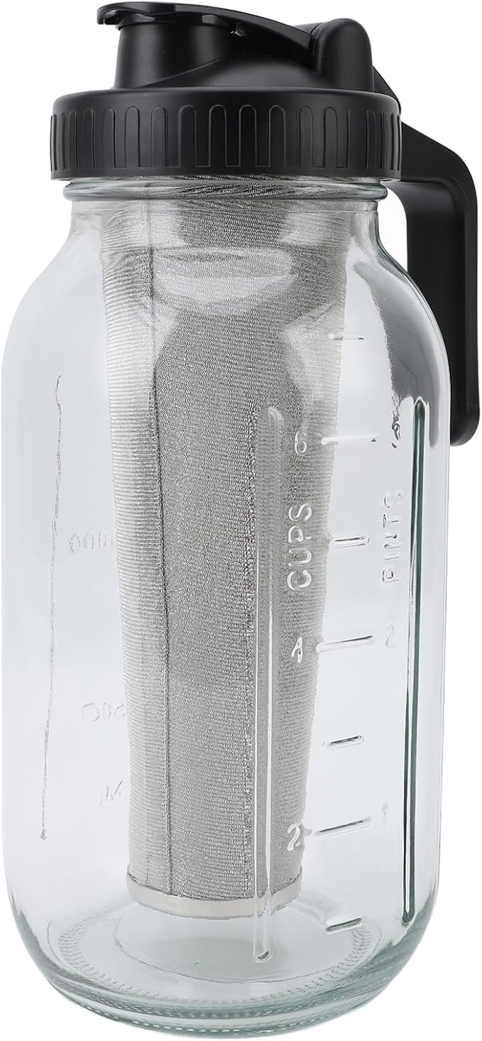 COLD BREW COFFEE MAKER PITCHER STAINLESS STEEL FILTER THICK GLASS ICED COFFEE JAR SPOUT LID HANDLE BLACK (2000ml)