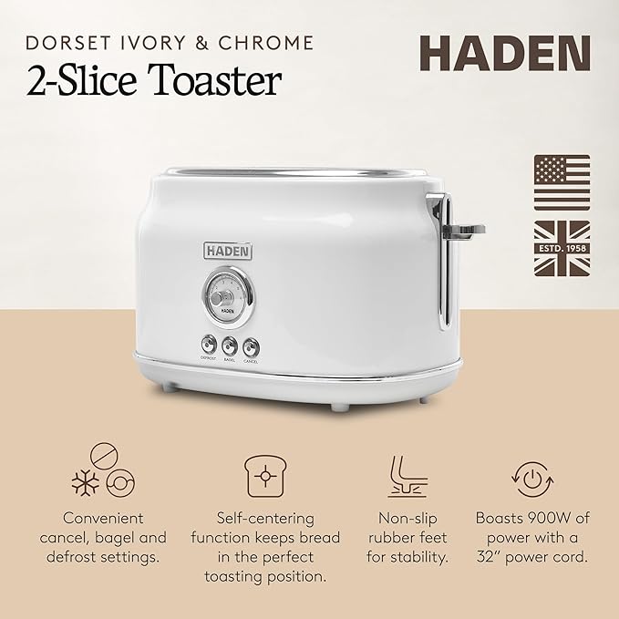 Haden Dorset 2 Slice Extra Wide Slot Toaster with Cool Touch Exterior Removable Crumb Tray and 6 Variable Browning Control Ivory