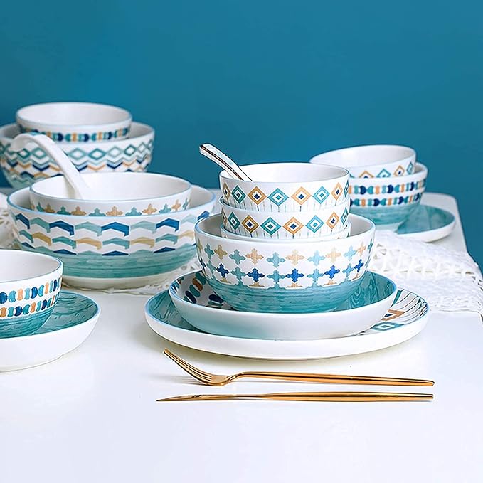 Porcelain Dinnerware Sets Plates and Bowls Sets Ceramics Dinner Sets Blue Patterns Porcelain Dinnerware Set of 42 | Cereal Bowl and Steak P