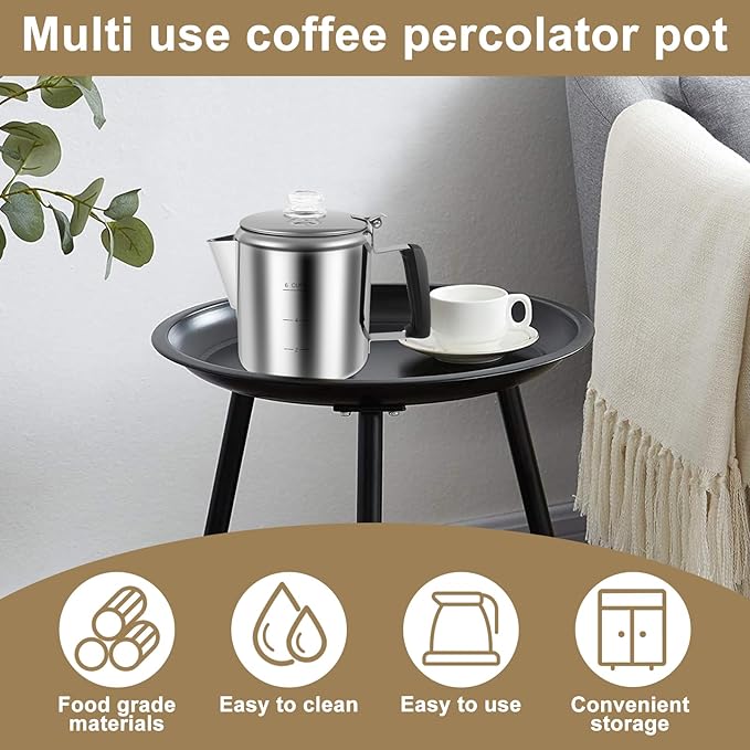 Stainless Steel Coffee Percolator 6 Cup Fast Brew Coffee Maker Percolator with Glass Knob Portable Outdoors Camping Coffee Pot for Gas Stove