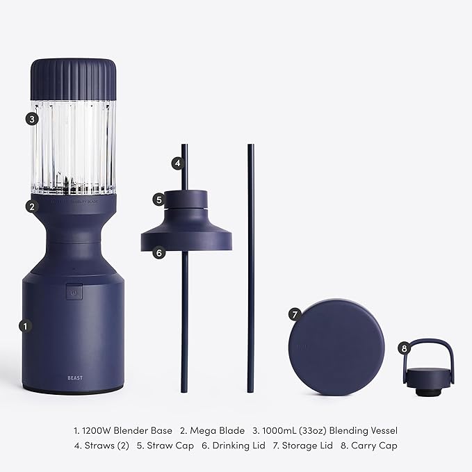 Beast Mega 1200 | Premium Countertop Blender | Smoothies Shakes Sauces Dips Soups | Blends Ice and Frozen Fruit | Includes Extra Lids and Straw System | 1200W | (Navy 120V)