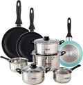 Well Home 8-Piece Stainless Steel Cookware Set + 3 Pans Diameter 16 x 20 x 24 cm Matte Blue Pressed Aluminium