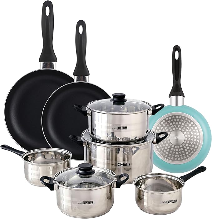 Well Home 8-Piece Stainless Steel Cookware Set + 3 Pans Diameter 16 x 20 x 24 cm Matte Blue Pressed Aluminium