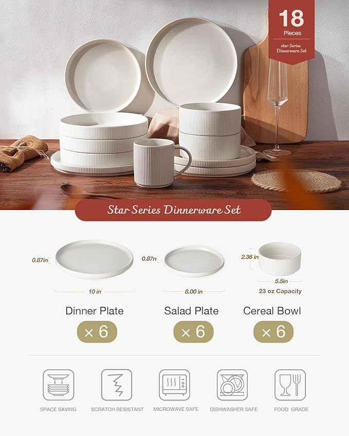 Famiware Star Dinnerware Set with Plates and Bowls Service for 6 (24-Piece) Stoneware Kitchen Dishes Dinner Sets - Matte White
