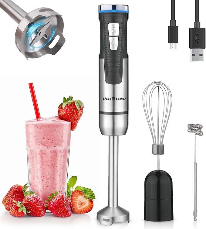 Liebe&ampLecker Immersion Blender Handheld Cordless 3 in 1 Cordless Hand Blender 8 Speed Emulsion Blender Handheld with Whisk Milk Frother for Soup Smoothie