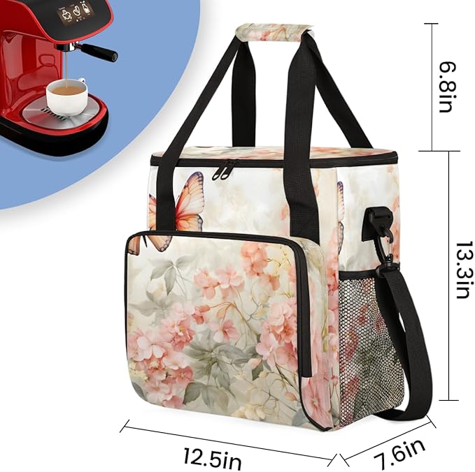 Dreamy Butterfly Coffee Maker Carrying Bag Flowers Butterfly Travel Storage Bag Compatible with K-Mini or K-Mini Plus Single Serve Coffee Brewer Carrying Case with Multiple Pockets &amp Shoulder St