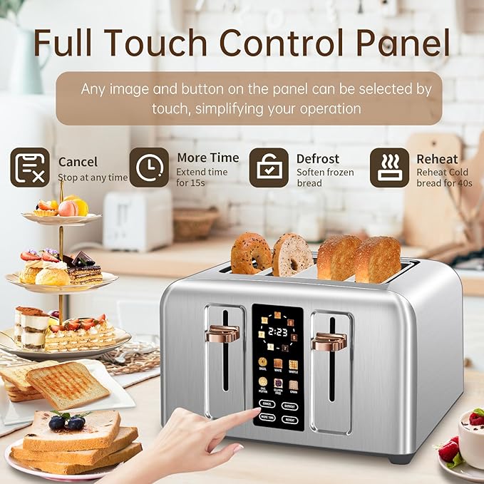 SEEDEEM Toaster 4 Slice Full Touch control Toaster LCD Display 6 Bread Type 7 Shade Settings 1.4''Wide SlotsMore Time Function Removable Crumb Tray 1800W Silver Metallic