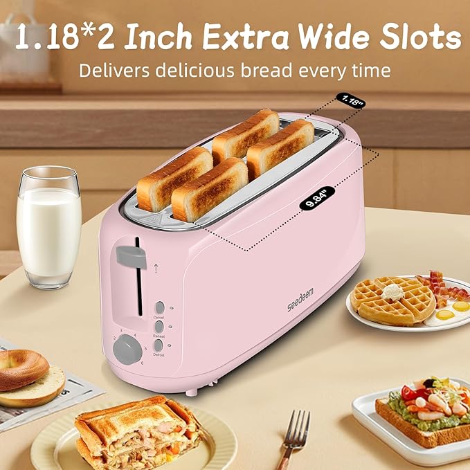 SEEDEEM 4 Slice Toaster Extra Wide Slots Bread Toaster with 6 Shade Settings Bagel/Cancel/Defrost/Reheat Functions Removable Crumb Tray Auto Shut-Off Pink