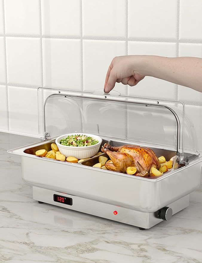 Electric Buffet Chafing Dish Warmer Set – 2-Pack 9QT Stainless Steel with Roll Top Lid – Adjustable Temperature Control – Full-Size Food Pans – NSF Commercial Catering Equipment for Parties