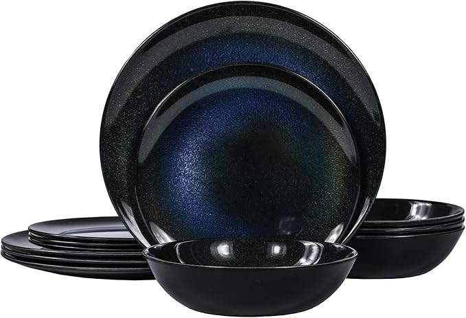 Melamine Dinnerware Set 12pcs Plates and Bowls Set Blue Dinner Dishes Set for Indoor and Outdoor BPA-Free Dishwasher Safe