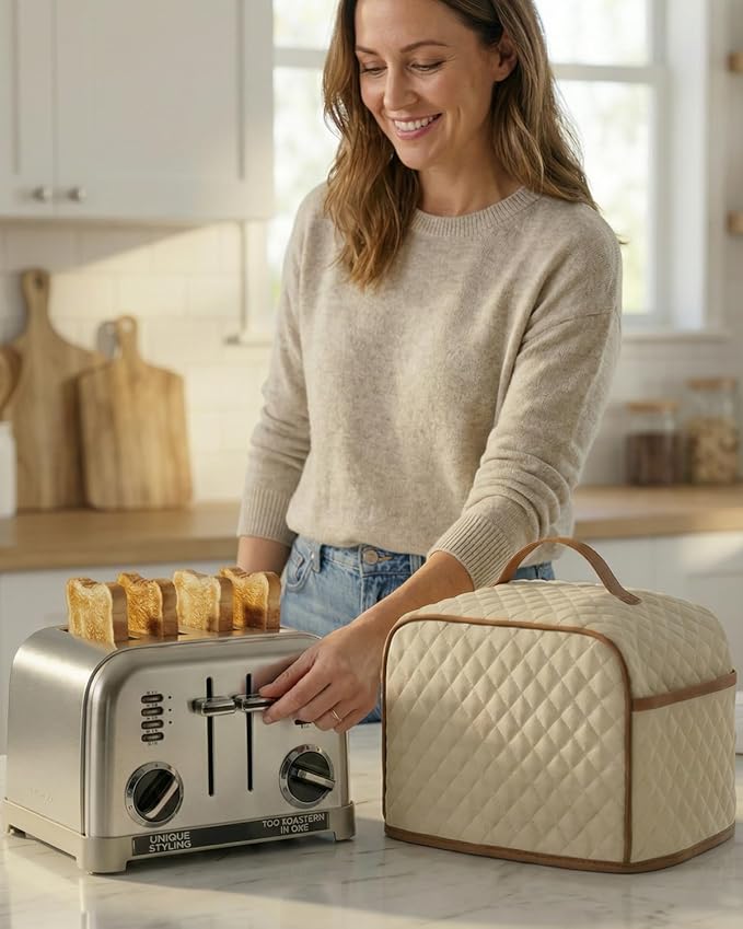 Deosk Toaster Cover 2 Slice With 2 Pockets &amp Thickened Sponge Oxford Toaster Covers For 2 Slice Wide Slot and Kitchen Use 11 x 6.5 x 7.5 (MediumBeige）