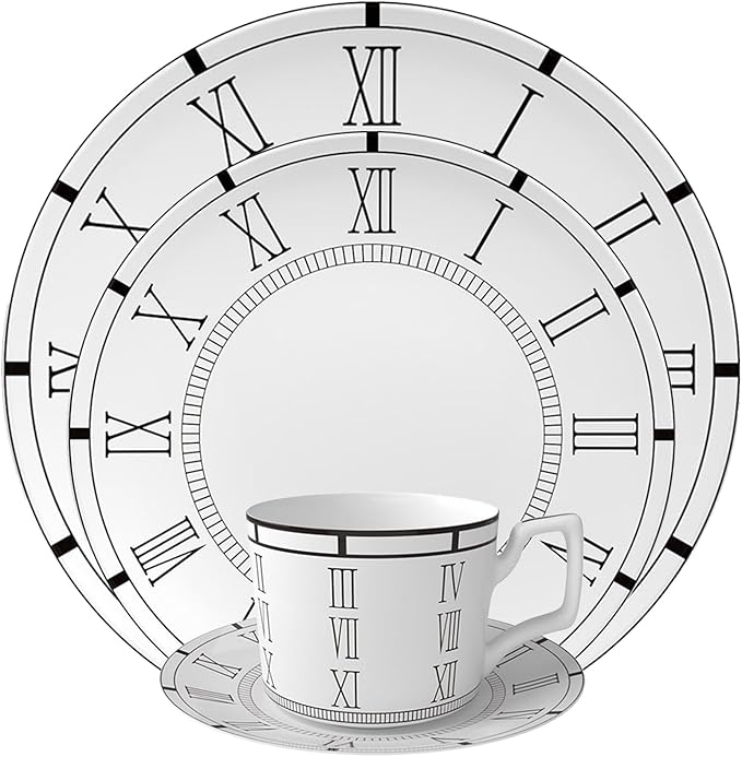 16 Piece Roman Clock Pattern Porcelain Dinnerware Set Luxury Dishes Set for 4 Dishwasher Safe Great for Party Wedding Housewarming and Hote