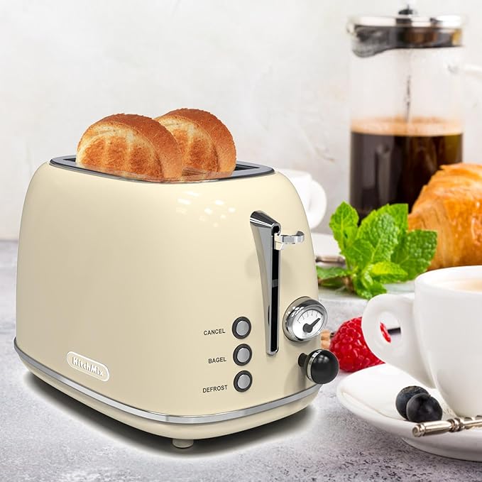 Toaster 2 slice KitchMix Retro Stainless Steel Toaster with 6 Settings 1.5 In Extra Wide Slots Bagel/Defrost/Cancel Function Removable Crumb Tray (Cream)