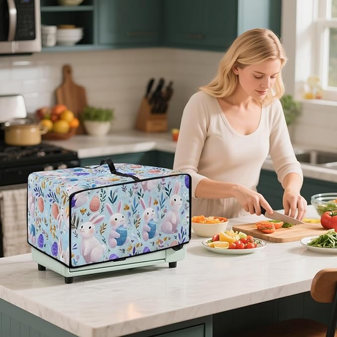 Bunny Flower Print Toaster Oven Dust Cover Easter Egg Printed Heavy Duty Toaster Smart Oven Cover with Side Pocket Kitchen Small Appliance Cover L