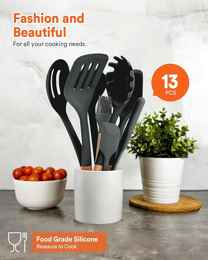 Kitchen Utensils Set 13PCS Silicone Cooking Utensils Heat Resistant Kitchen Utensil Spatula Set for Nonstick Cookware Wooden Handles Kitchen Gadgets Tools Set