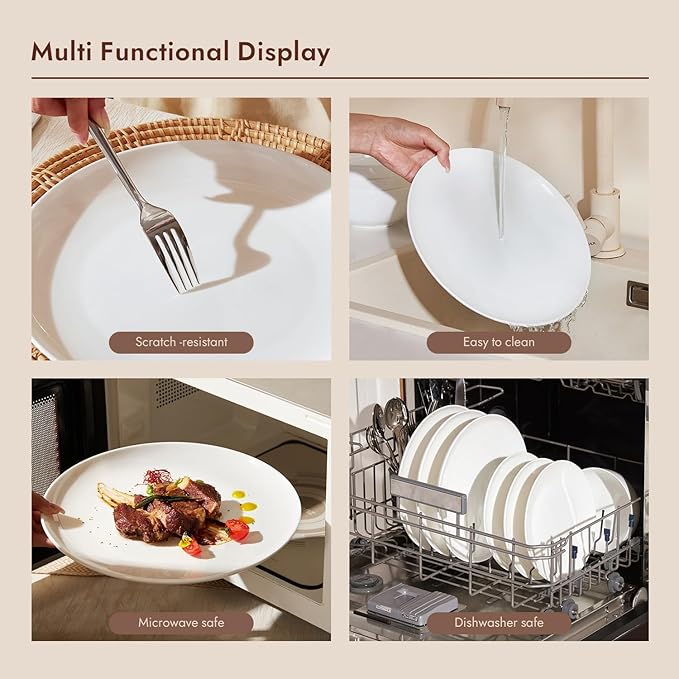 KINGSTONE 12-Piece Bone China Dinnerware Set for 4 Lightweight and Durable Microwave and Dishwasher Safe White Plates and Bowls for Everyday Use