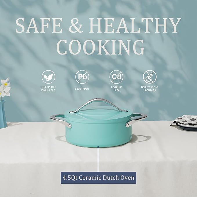 Ceramic Nonstick Cookware Set 8 Fry Pan &amp 4.5qt Dutch Oven PFAS/PTFE/PFOA Free Even Heat Distribution All Cooktops Compatible Oven Safe to 500°F (Caribbean Blue)