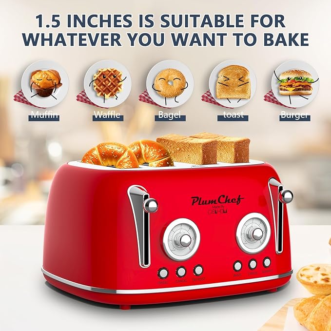 Toaster 4 Slice Dual Control Toaster with Warming Rack 6 Browning Settings Bagel/Defrost Functions Removable Crumb Tray Stainless Steel Housing 1650W Retro Style Toasters for Toast Red