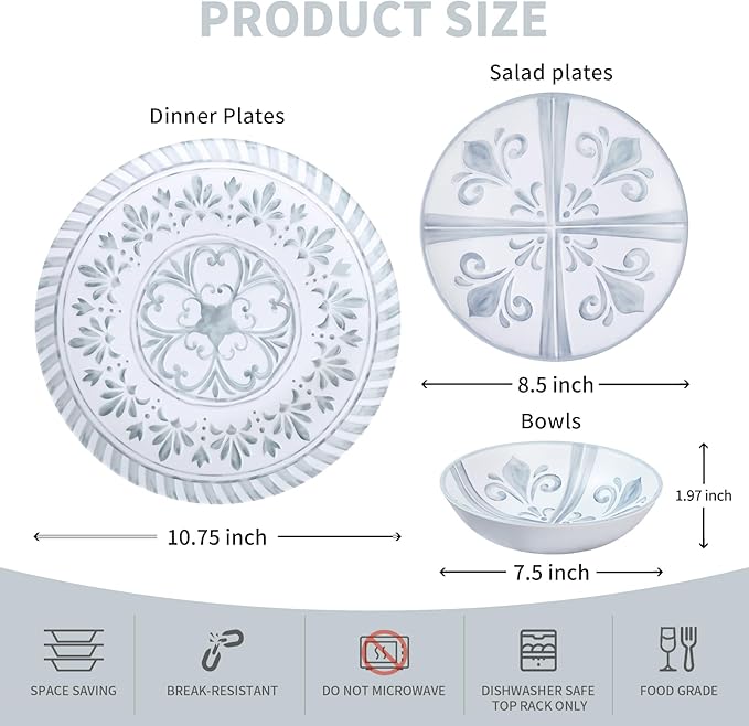 Melamine Dinnerware Set12pcs Embossed Plates and Bowls Sets Plastic Dinnerware Dishes Set for 4 Lightweight Unbreakable Dishwasher SafeWhite&ampGrey