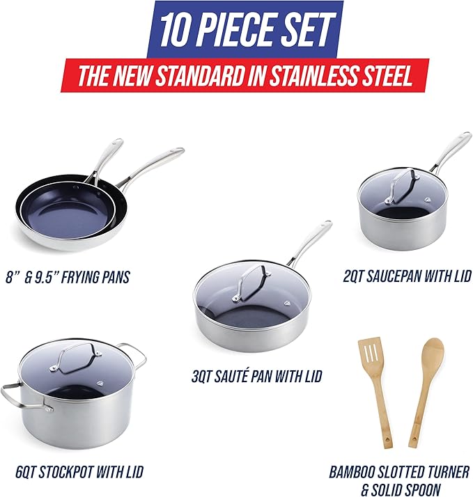 Blue Diamond HD Stainless Steel Clad Pro 10 Piece Cookware Pots and Pans Set Diamond Infused Ceramic Nonstick PFAS-Free Dishwasher Safe Oven and Broiler Safe Silver