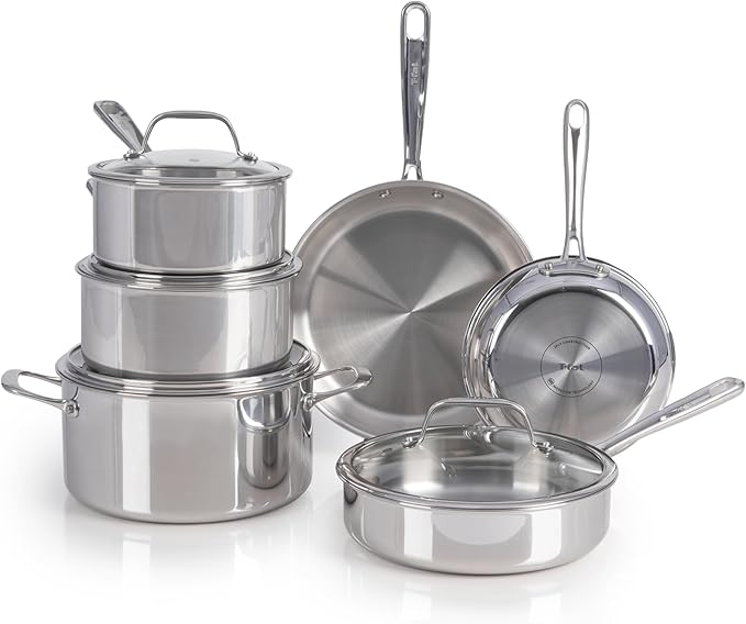 T-fal Pro Tri-Ply Stainless Steel Cookware Set 10 Piece-Induction Compatible Oven Safe 500F Lids-350F Even Heat Professional Quality Durable Induction Pots and Pans Set Silver