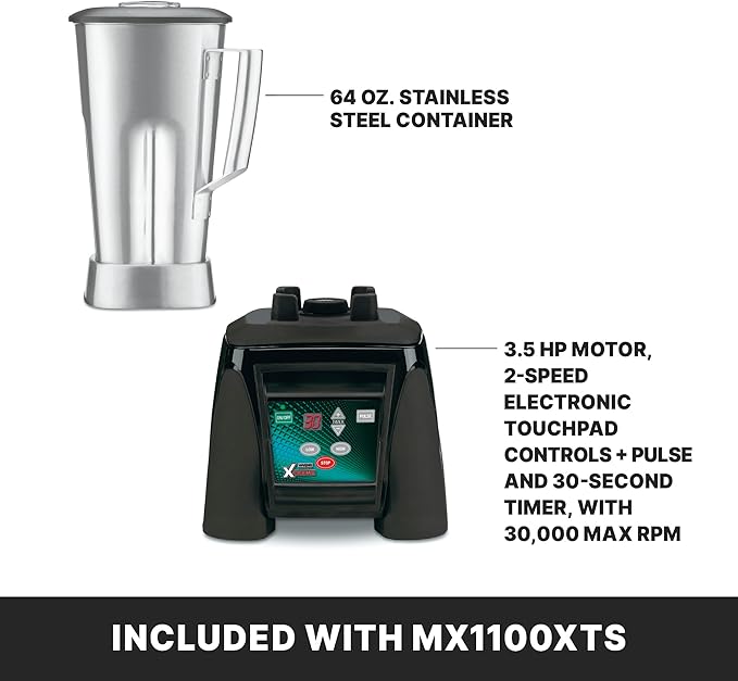 Waring Commercial MX1100XTS 3.5 HP Blender with Electronic Keypad 30 Second Countdown Timer Pulse Feature and a 64 oz Stainless Steel Container 12-V 5-15 Phase Plug