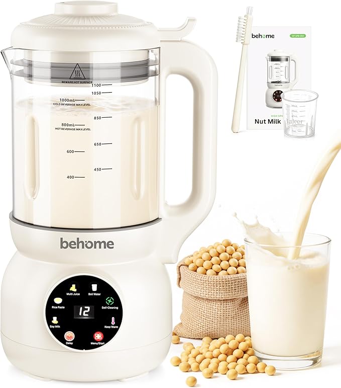 Behome Nut Milk Maker – Glass Plant Milk Machine for Almond Oat &amp Soy Milk Self-Cleaning Vegan Milk Maker with No-Soak Beans Delay Start &amp Keep Warm Dairy-Free Beverage Maker 110V