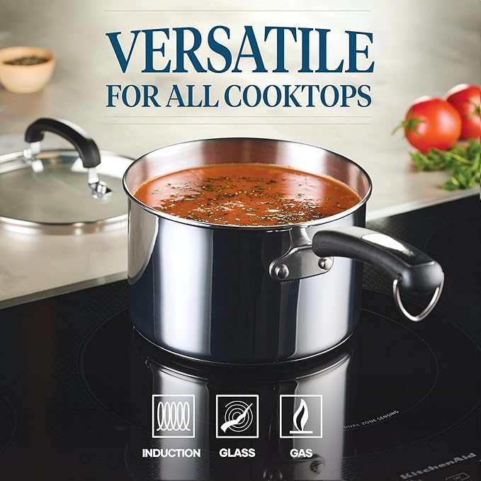 Farberware Brilliance Stainless Steel Cookware Pots and Pans Set with Kitchen Cooking Tools and Glass Lids 10 Piece Dishwasher Safe and Induction Ready Stainless Steel