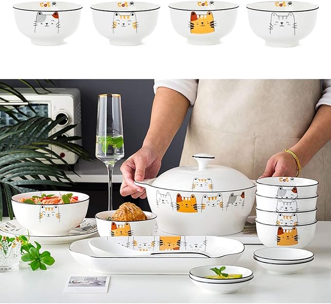 New Dinnerware SetsCeramics Dinner Sets 60 Pieces Cartoon Cat Porcelain Dinnerware Set | Gift Box Cereal Bowl Steak Plate and Soup Bowl for Family Gathering