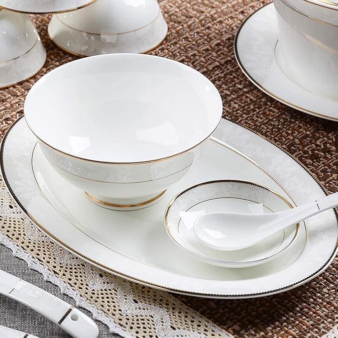 Dinnerware Set Dinner Party Tableware Service Set Ceramics Dinnerware Set with 52-Piece Bowl/Soup Pot/Dish/Spoon|Bone China Dinner Sets Embossed Pattern Porcelain Combination Set