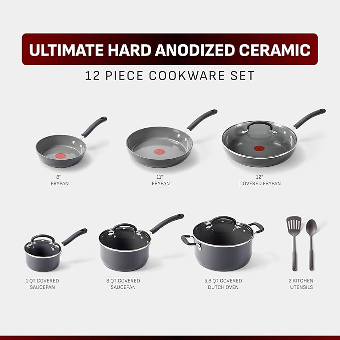T-Fal Ultimate Hard Anodized 12-Piece Ceramic Nonstick Cookware Set Oven Safe Up to 400°F Ceramic Pots and Pans Set Frying Pans Saucepan Stockpot Cooking Utensils Grey