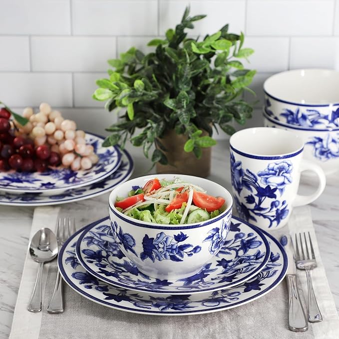Cattleya Orchid 16 Piece Porcelain Dinnerware Set Blue and White Floral Round Plates and Bowls Service for 4 Dishwasher and Microwave Safe