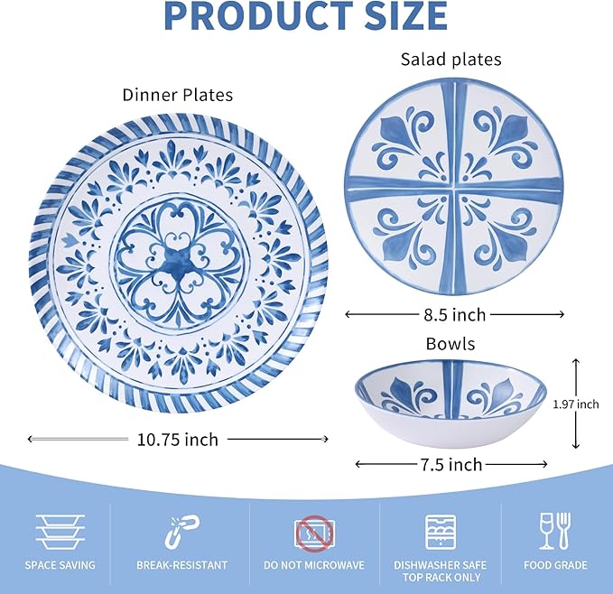 Melamine Dinnerware Sets for 4 12-Piece Plates and Bowls Sets - 4 Dinner Plates 4 Salad Plates 4 Cereal Bowls - Shatterproof &amp Lightweight for Indoor/Outdoor Dining Embossed Textures