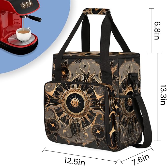Gold Mandala Coffee Maker Carrying Bag Magic Eyes Travel Storage Bag Compatible with K-Mini or K-Mini Plus Single Serve Coffee Brewer Carrying Case with Multiple Pockets &amp Shoulder Strap