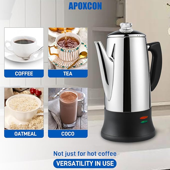 Electric Coffee Percolator Stainless Steel Coffee Maker with Heat Resistant Tough Glass Clear Brew Progress Knob Classic Coffee Pot with Keep Warm Cordless Serve Cool Touch Handle 12 Cup