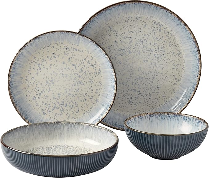 Tabletops Gallery Speckled Farmhouse Collection- Stoneware Dishes Service for 4 Dinner Salad Appetizer Dessert Plate Bowls 16 Piece Jura Embossed Dinnerware Set in Smoky Blue