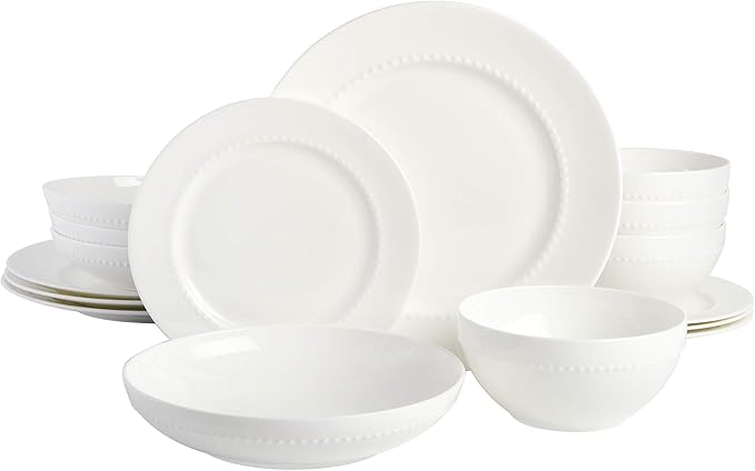Gibson Elite Embossed Bone China 16-Piece Double Bowl Dinnerware Set Service for 4 – White Elegant Plates and Bowls