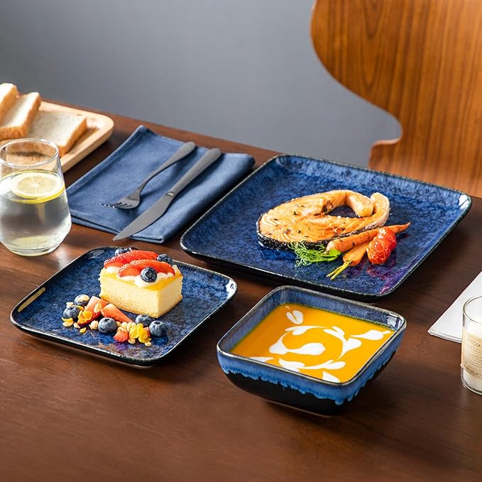 vancasso Stern Blue Dinner Set Square Reactive Glaze Tableware 12 Pieces Kitchen Dinnerware Stoneware Crockery Set with Dinner Plate Dessert Plate Bowl Service for 4
