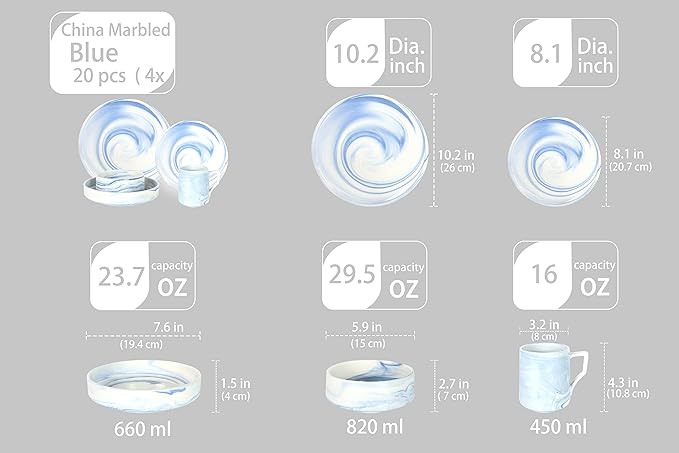 Fine China Artisan Marbled 20pc Dinner Set Blue