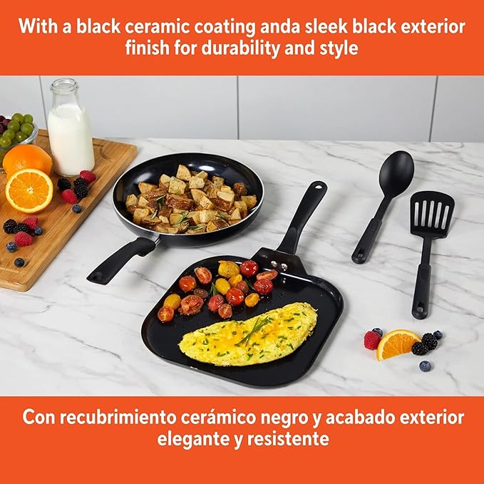 4-Piece Black Ceramic Non-Stick Pots and Pans Set 10 &amp 10.5 Inch Frying Pans with Cool Grip Handles Aluminum Healthy Ceramic Cookware Set for Home