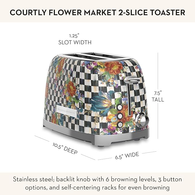 MACKENZIE-CHILDS 2-Slice Toaster Decorative Toaster for Kitchen Black-and-White Courtly Flower Market