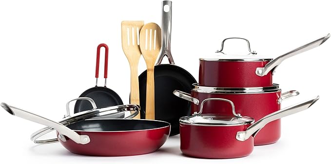 Textured Ceramic Nonstick 12 Piece Cookware Pots and Pans Set with Stainless Steel Handles PFAS PFOA &amp PTFE Free Dishwasher Safe Oven &amp Broiler Safe to 600 Degrees Red