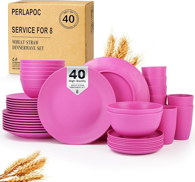 Wheat Straw Dinnerware Set 40 PCS | Service for 8 | Unbreakable Plates and Bowls Sets Plastic Reusable Dishes Sets Dinner Plates Cereal Bowls Water Cups Kitchen Set for Home RV- Pink